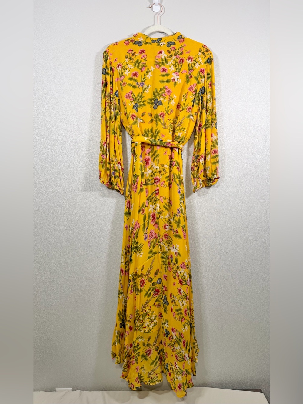 Rene Derhy Dress Yellow Pink Floral Maxi Button Down Flowy Tie Belt Women L - Picture 7 of 8